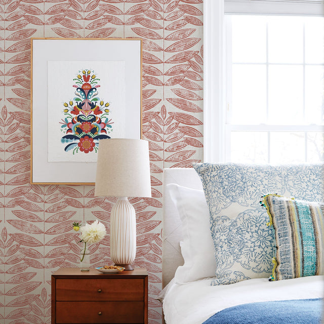 Akira Coral Leaf Wallpaper with Botanical Leaves on Faux Linen - A-Street Prints 2821-25103