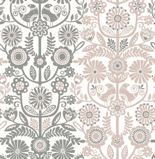 Lovebirds Light Pink Folk Stripe Wallpaper with Scandinavian Floral Stripe Motif - A-Street Prints 2821-25105