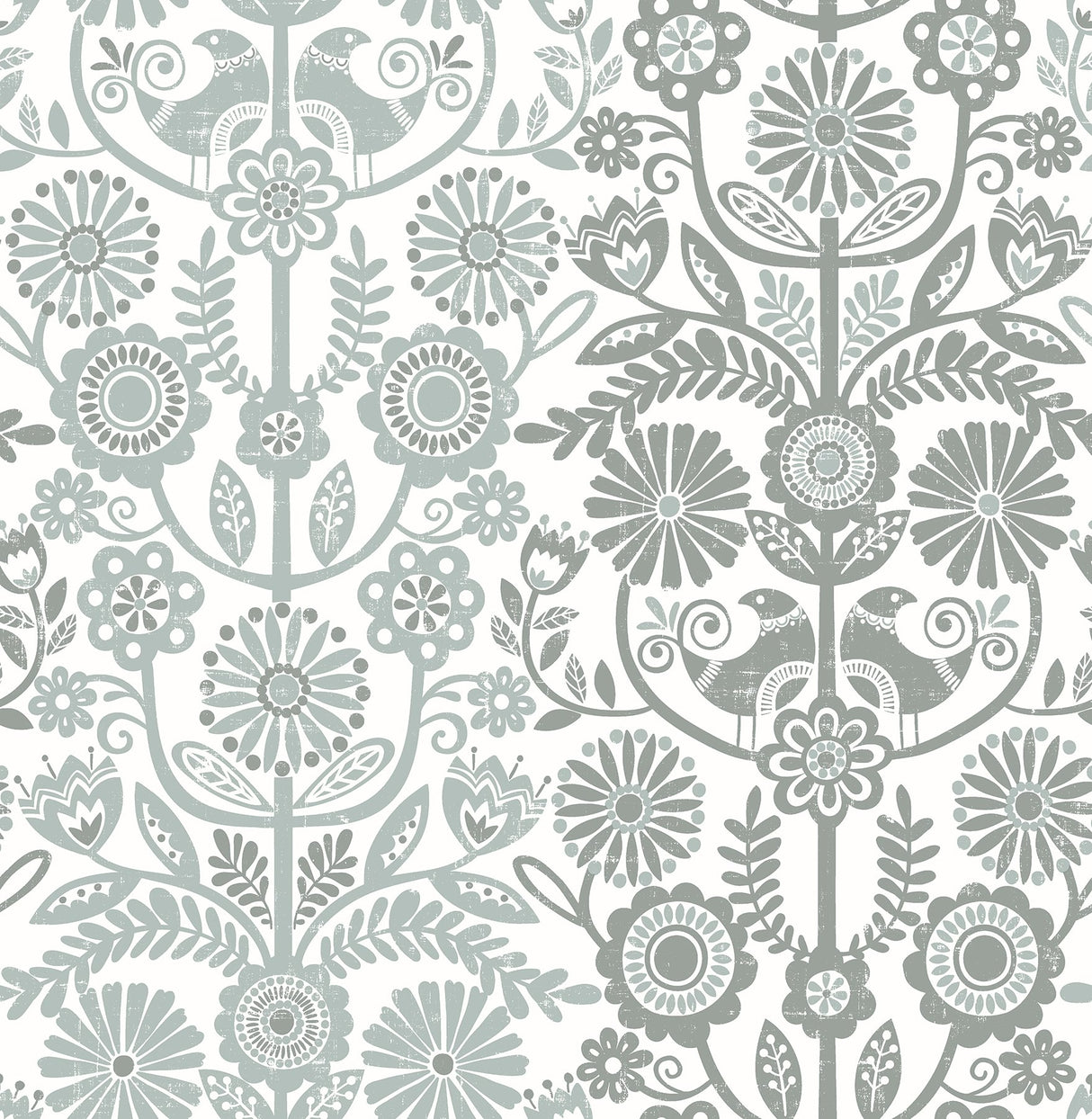 Lovebirds Slate Folk Stripe Wallpaper with Scandinavian Botanical Bird Motif - A-Street Prints 2821-25107