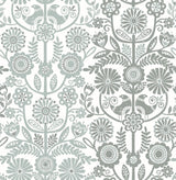 Lovebirds Slate Folk Stripe Wallpaper with Scandinavian Botanical Bird Motif - A-Street Prints 2821-25107