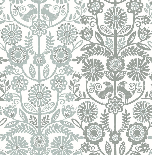 Lovebirds Slate Folk Stripe Wallpaper with Scandinavian Botanical Bird Motif - A-Street Prints 2821-25107