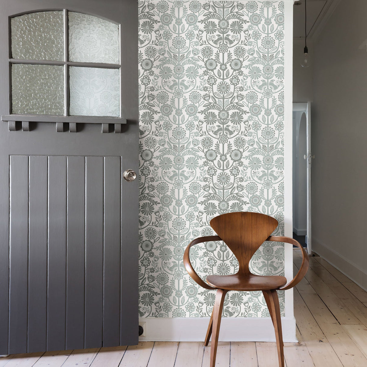 Lovebirds Slate Folk Stripe Wallpaper with Scandinavian Botanical Bird Motif - A-Street Prints 2821-25107