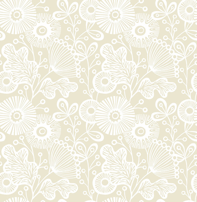 Ana Cream Floral Wallpaper with Scandinavian White Silhouette Florals - Brewster 2821-25108