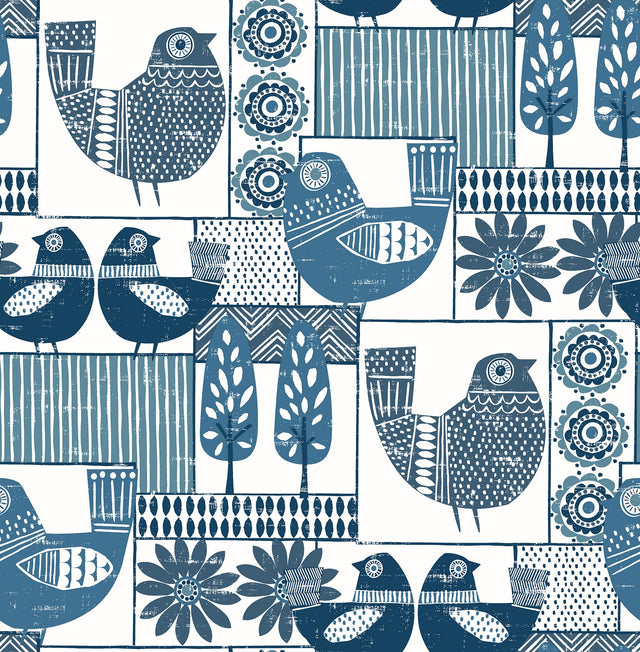 Hennika Blue Patchwork Wallpaper with Scandinavian Folk Bird and Floral Geometric Motif - A-Street Prints 2821-25113