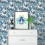 Hennika Blue Patchwork Wallpaper with Scandinavian Folk Bird and Floral Geometric Motif - A-Street Prints 2821-25113