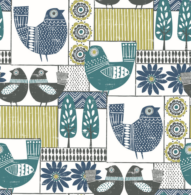 Hennika Multicolor Patchwork Wallpaper with Scandinavian Folk Birds and Geometric Florals - A-Street Prints 2821-25114