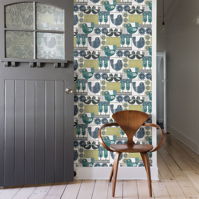 Hennika Multicolor Patchwork Wallpaper with Scandinavian Folk Birds and Geometric Florals - A-Street Prints 2821-25114