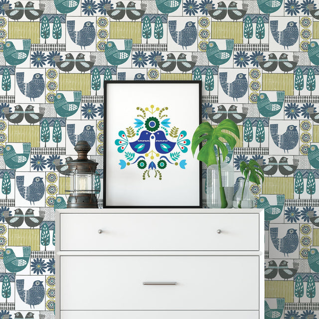 Hennika Multicolor Patchwork Wallpaper with Scandinavian Folk Birds and Geometric Florals - A-Street Prints 2821-25114