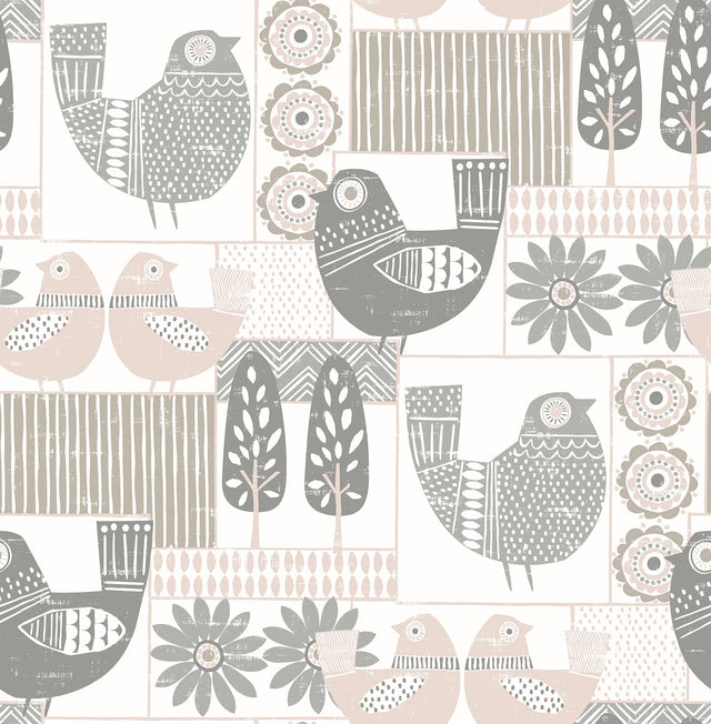 Hennika Light Pink Patchwork Wallpaper with Scandinavian Geometric Floral & Bird Motif - A-Street Prints 2821-25115
