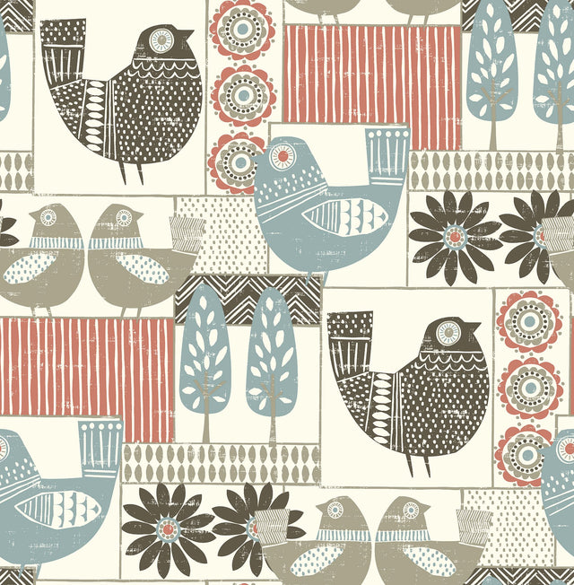 Hennika Coral Patchwork Wallpaper with Scandinavian Folk Bird and Floral Geometric Motif - A-Street Prints 2821-25117