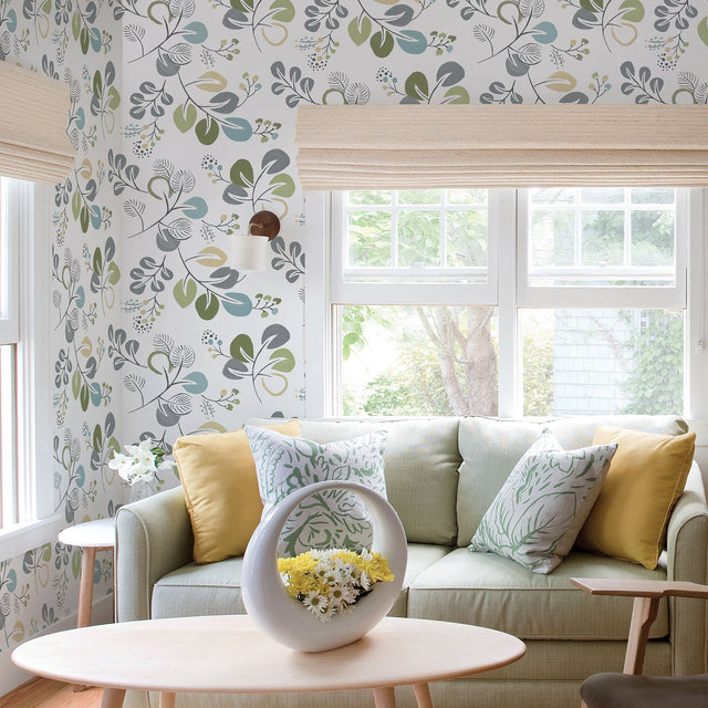 Jona Green Trail Wallpaper with Scandinavian Leaves Pattern, Paste the Wall Unpasted Non Woven - A-Street Prints 2821-25123