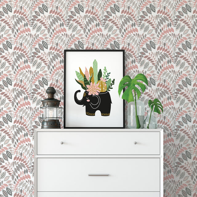 Fiddlehead Pink Botanical Wallpaper with Scandinavian Leaf Motif - A-Street Prints 2821-25141