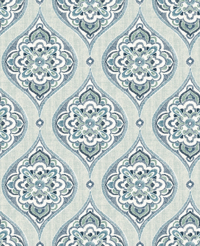 Adele Aqua Damask Wallpaper with Scandinavian Ogee Motif - A-Street Prints 2821-25146