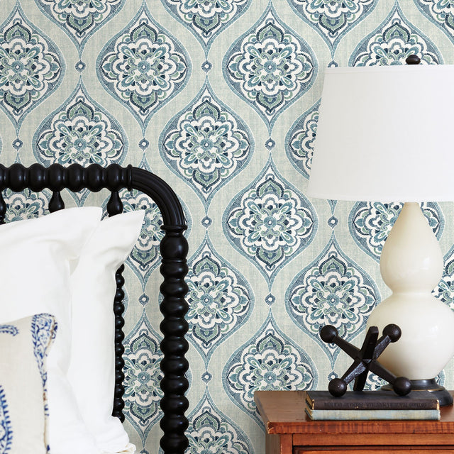 Adele Aqua Damask Wallpaper with Scandinavian Ogee Motif - A-Street Prints 2821-25146