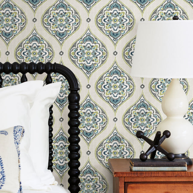 Adele Green Damask Wallpaper with Scandinavian Ogee Pattern - A-Street Prints 2821-25148