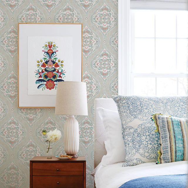 Adele Teal Damask Wallpaper with Scandinavian Ogee Pattern - A-Street Prints 2821-25150