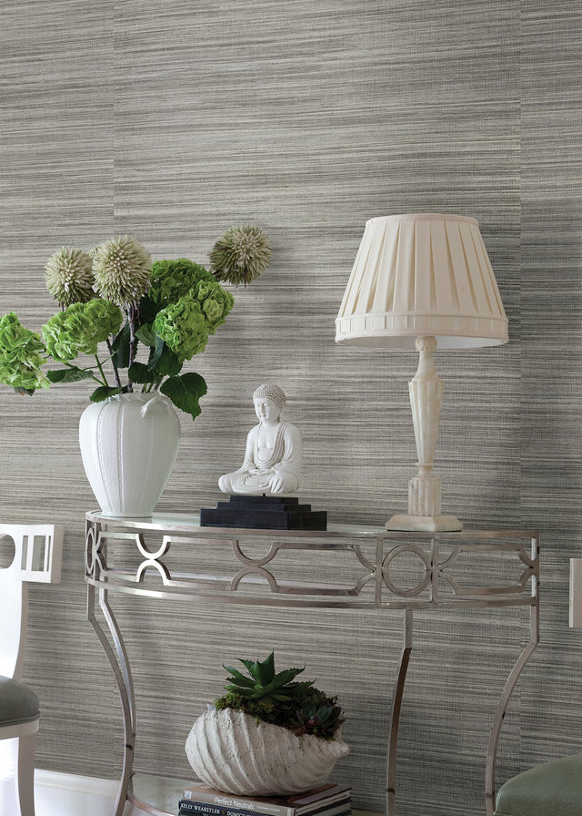 Nathan Silver Grasscloth Wallpaper with Textured Woven Natural Fiber Pattern - A?Street Prints 2829-80010