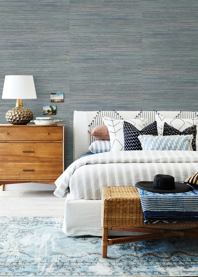 Pattaya Blue Grasscloth Wallpaper Blue Textured Grasscloth - A-Street Prints 2829-82040