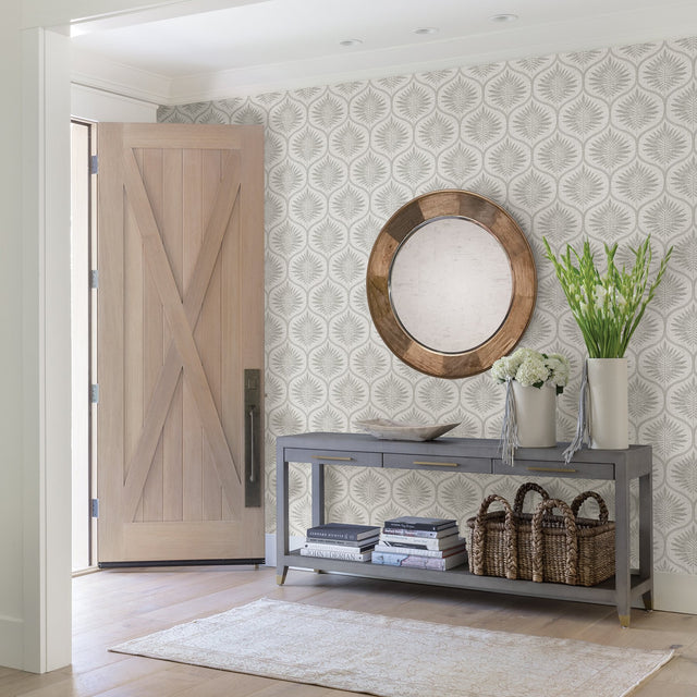 Laurel Light Grey Ogee Wallpaper with Scandinavian Botanical Motif - A-Street Prints 2861-25720