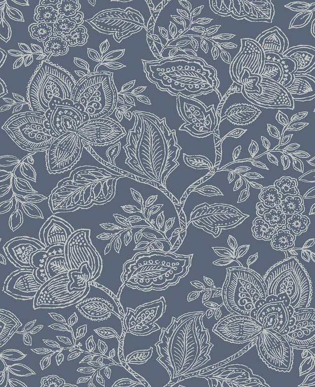 Larkin Blue Floral Wallpaper with Raised Ink Jacobean Botanical Motif - A-Street Prints 2861-25734