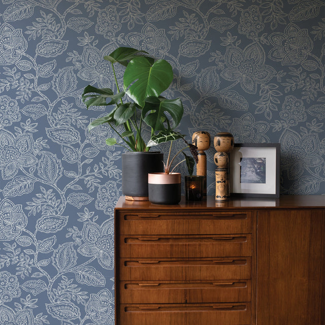 Larkin Blue Floral Wallpaper with Raised Ink Jacobean Botanical Motif - A-Street Prints 2861-25734