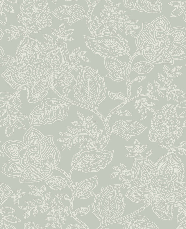 Larkin Sage Floral Wallpaper with Botanical Flowers Motif, Bohemian Non Woven Unpasted - A?Street Prints 2861-25736