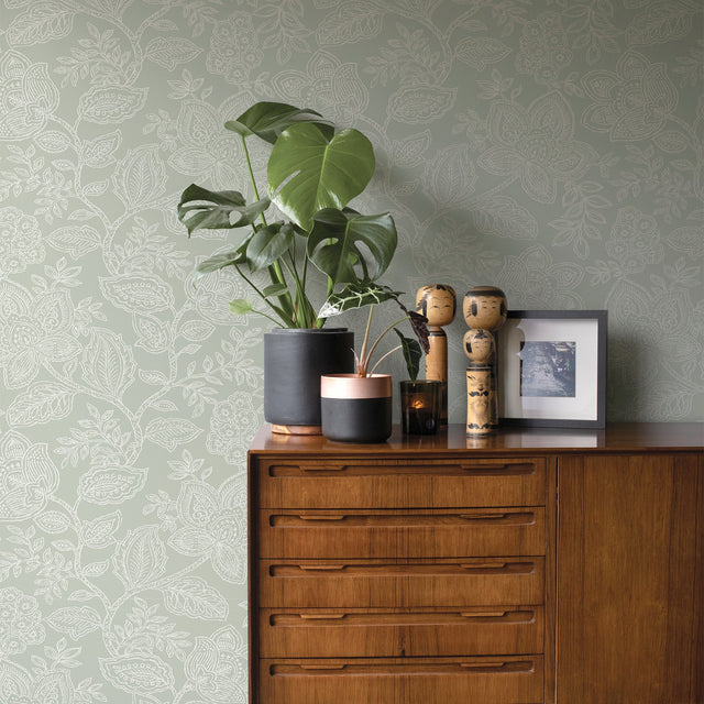 Larkin Sage Floral Wallpaper with Botanical Flowers Motif, Bohemian Non Woven Unpasted - A?Street Prints 2861-25736