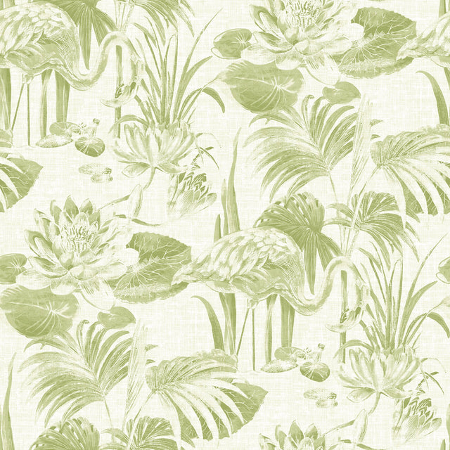 Frolic Green Lagoon Wallpaper with Chinoiserie Flamingo Botanical Motif - A-Street Prints 2861-87526