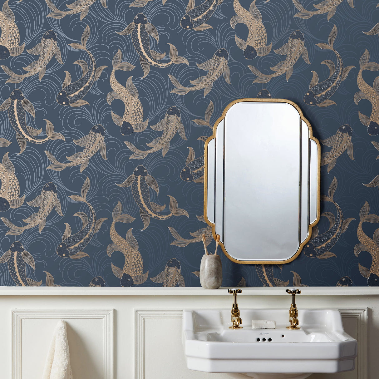 Dashiell Navy by Fine Decor Decorative Fish Wallpaper – Brewster Home Fashions FD43797