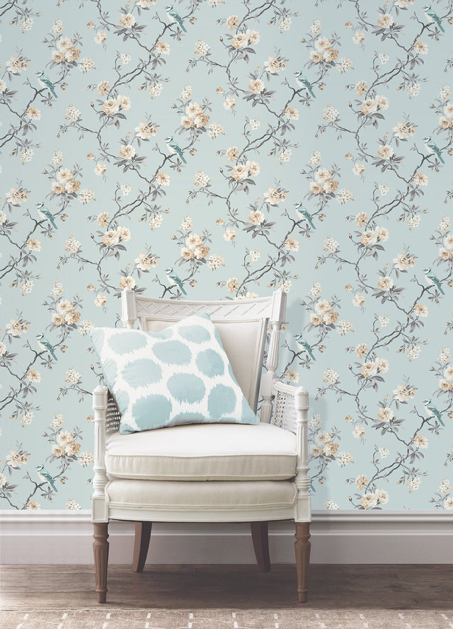 Chinoiserie Blue Floral Wallpaper with Birds Pattern - Fine Decor 2900-40765