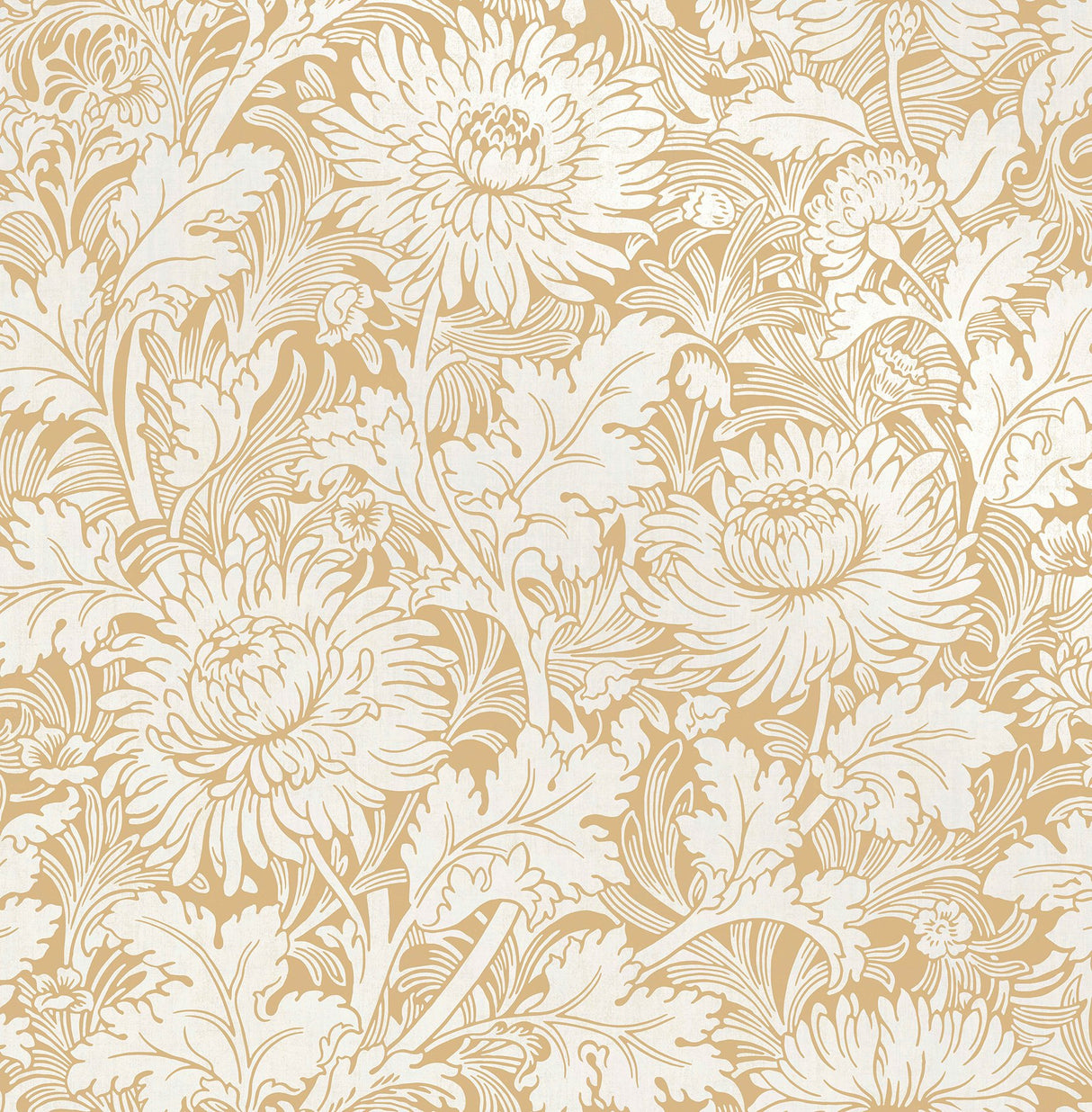 Zinnia Mustard Floral Wallpaper with Vintage Botanical Flower Pattern - Fine Decor 2900-42528