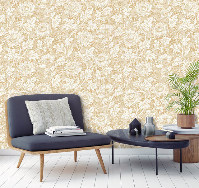 Zinnia Mustard Floral Wallpaper with Vintage Botanical Flower Pattern - Fine Decor 2900-42528