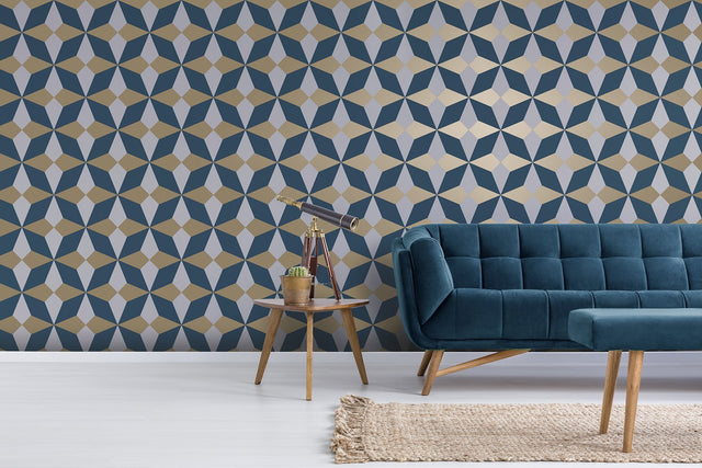 Newby Navy Geometric Wallpaper with Metallic Gold Accents - Fine Decor 2900-42548