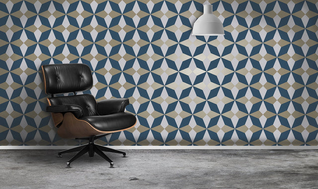 Newby Navy Geometric Wallpaper with Metallic Gold Accents - Fine Decor 2900-42548
