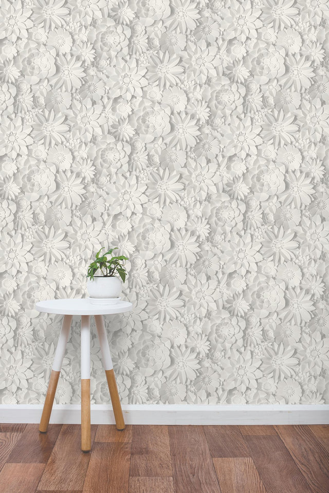 Dacre White Floral Wallpaper with 3D Flower Collage - Fine Decor 2900-42554