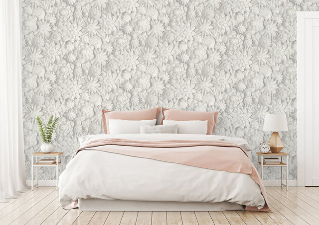 Dacre White Floral Wallpaper with 3D Flower Collage - Fine Decor 2900-42554