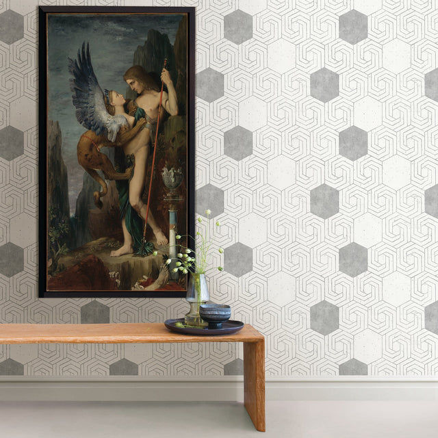 Momentum Off White Geometric Wallpaper with Glam Graphic Hexagon Pattern - A-Street Prints 2902-25555