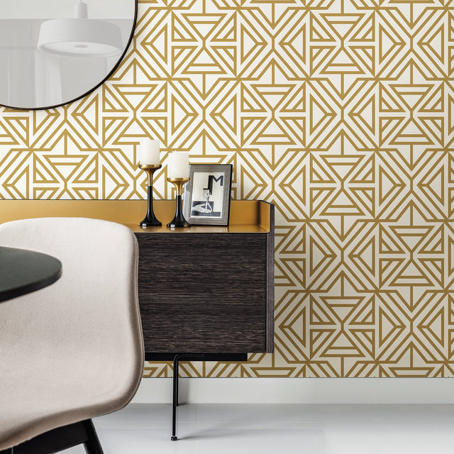 Helios Mustard Geometric Wallpaper with Abstract Flocked Feature Wall Pattern - A-Street Prints 2902-87330