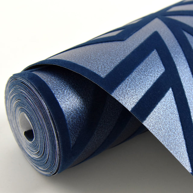 Helios Blue Geometric Wallpaper with Flocked Abstract Feature Wall Pattern - A-Street Prints 2902-87333