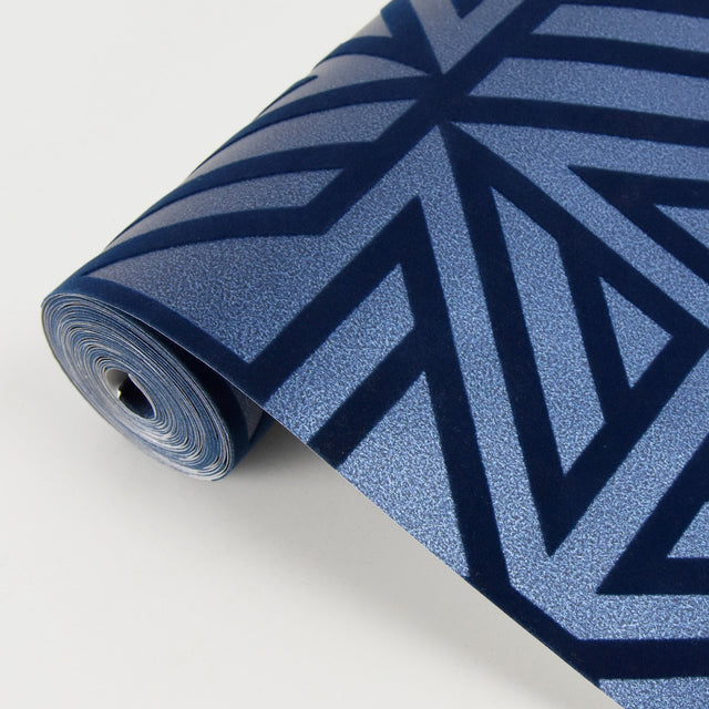 Helios Blue Geometric Wallpaper with Flocked Abstract Feature Wall Pattern - A-Street Prints 2902-87333