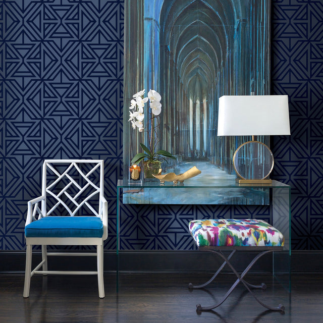 Helios Blue Geometric Wallpaper with Flocked Abstract Feature Wall Pattern - A-Street Prints 2902-87333