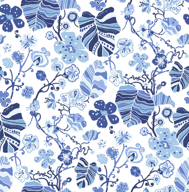 Gwyneth Indigo Floral Wallpaper with Botanical Flowers Motif, Kitchen & Bath Style - A-Street Prints 2903-25810