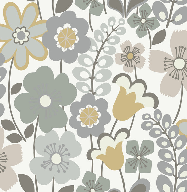 Piper Lavender Floral Wallpaper with Retro Botanical Flower Motif - Brewster 2903-25826