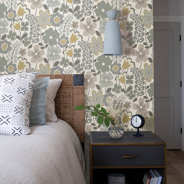 Piper Lavender Floral Wallpaper with Retro Botanical Flower Motif - Brewster 2903-25826