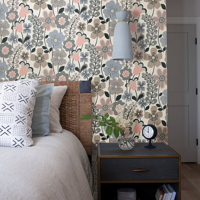 Piper Light Blue Floral Wallpaper with Retro Boho Flowers - A-Street Prints 2903-25828