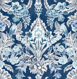 Vera Blue Floral Damask Wallpaper with Botanical Bird Motif - A-Street Prints 2903-25863