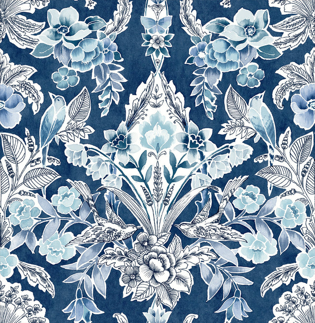 Vera Blue Floral Damask Wallpaper with Botanical Bird Motif - A-Street Prints 2903-25863