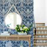 Vera Blue Floral Damask Wallpaper with Botanical Bird Motif - A-Street Prints 2903-25863