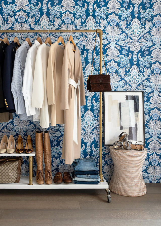 Vera Blue Floral Damask Wallpaper with Botanical Bird Motif - A-Street Prints 2903-25863