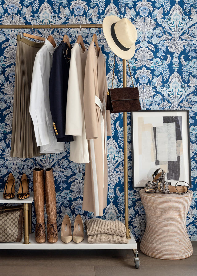 Vera Blue Floral Damask Wallpaper with Botanical Bird Motif - A-Street Prints 2903-25863